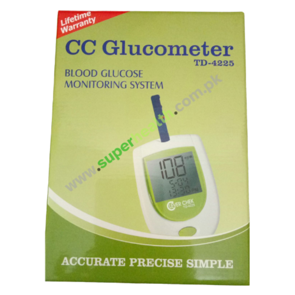 CC Glucometer TD-4225 packaging with digital display on a green background
