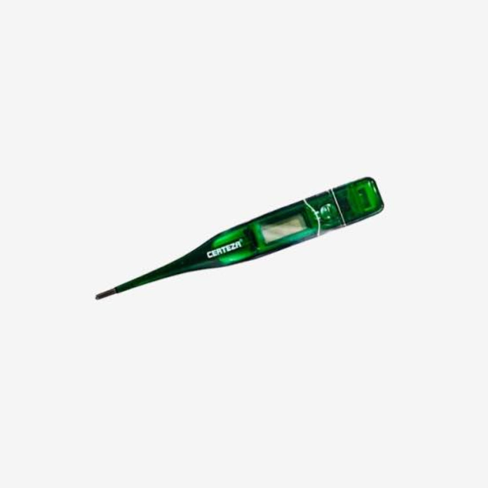 A green digital thermometer with a transparent green body and a white digital display screen, shown on a plain light gray background.