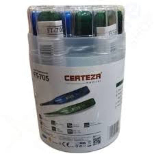 Cylindrical container of Certeza medical thermometers on a white background