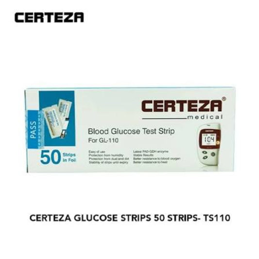 Certeza Blood Glucose Test Strip box for GL-110, showing 50 strips in foil, with a blood glucose meter illustration and product text on a white background.