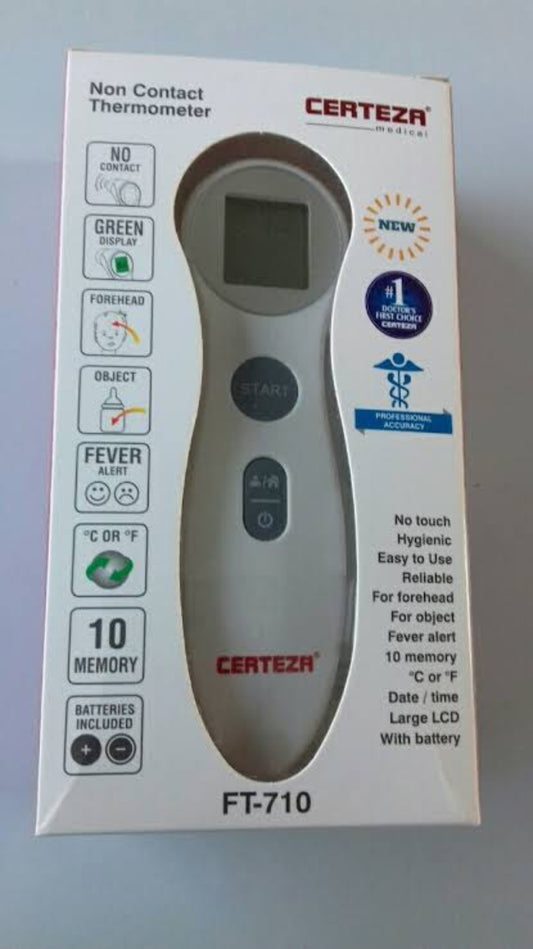 Certeza FT-710 non-contact digital thermometer in its original white retail packaging box, featuring product specifications and icons on the left side.