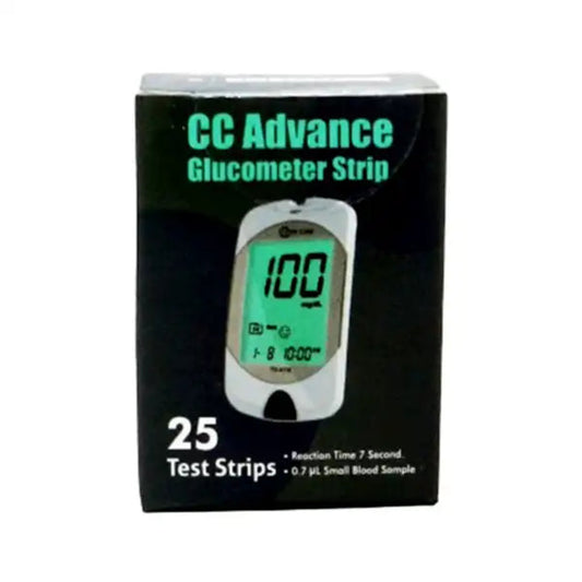 A box of 25 CC Advance Glucometer Test Strips, featuring a black packaging design with green and white text and a graphic of a blood glucose meter.